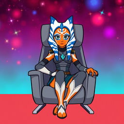 An illustration of Ahsoka Tano from Star Wars, sitting confidently on a sleek chair in a colorful cartoon style