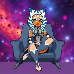 An illustration of Ahsoka Tano from Star Wars, sitting confidently on a sleek chair in a colorful cartoon style