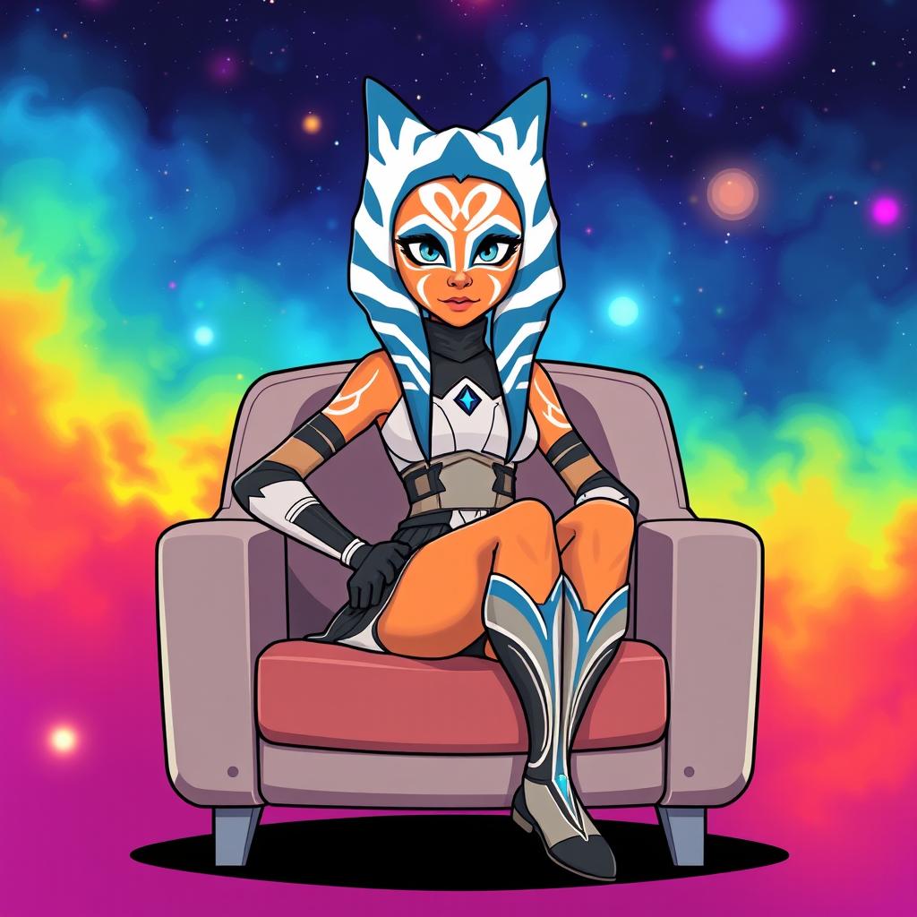 An illustration of Ahsoka Tano from Star Wars, sitting confidently on a sleek chair in a colorful cartoon style