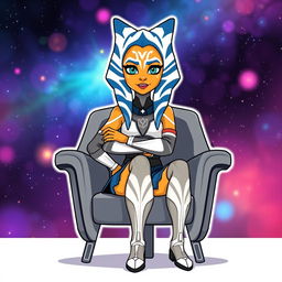 An illustration of Ahsoka Tano from Star Wars, sitting confidently on a sleek chair in a colorful cartoon style
