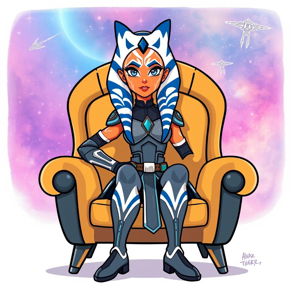 An illustration of Ahsoka Tano from Star Wars, sitting comfortably on a stylish chair in a vibrant cartoon style