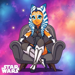 An illustration of Ahsoka Tano from Star Wars, sitting comfortably on a stylish chair in a vibrant cartoon style