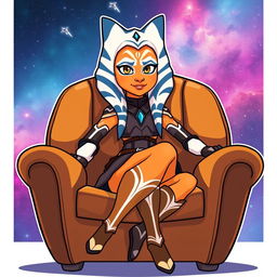An illustration of Ahsoka Tano from Star Wars, sitting comfortably on a stylish chair in a vibrant cartoon style