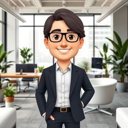 A Bitmoji-style man with long hair, dressed in smart casual office attire