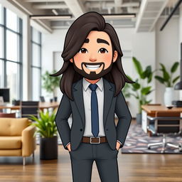 A Bitmoji-style man with long hair, dressed in smart casual office attire