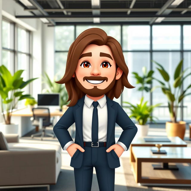 A Bitmoji-style man with long hair, dressed in smart casual office attire