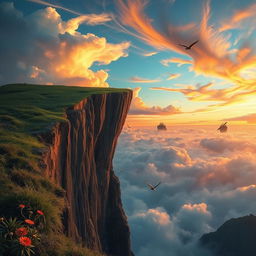 An artistic interpretation of the edge of the world, depicting a surreal landscape with a dramatic cliff or precipice that drops into an endless void