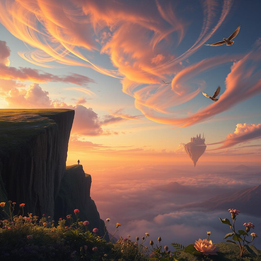 An artistic interpretation of the edge of the world, depicting a surreal landscape with a dramatic cliff or precipice that drops into an endless void