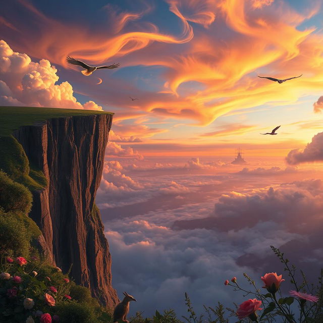 An artistic interpretation of the edge of the world, depicting a surreal landscape with a dramatic cliff or precipice that drops into an endless void