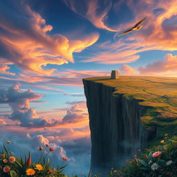 An artistic interpretation of the edge of the world, depicting a surreal landscape with a dramatic cliff or precipice that drops into an endless void
