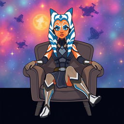 An illustration of Ahsoka Tano from Star Wars, sitting on a stylish chair in a vibrant cartoon style