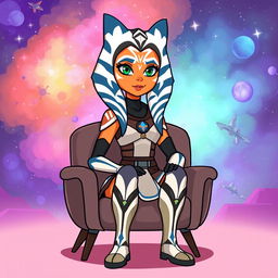 An illustration of Ahsoka Tano from Star Wars, sitting on a stylish chair in a vibrant cartoon style