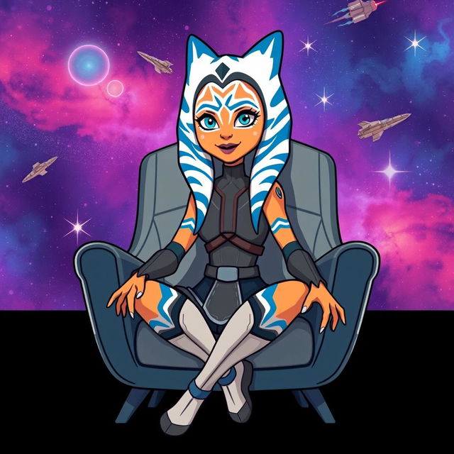 An illustration of Ahsoka Tano from Star Wars, sitting on a stylish chair in a vibrant cartoon style