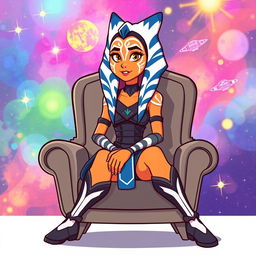 An illustration of Ahsoka Tano from Star Wars, sitting on a stylish chair in a vibrant cartoon style