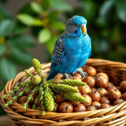 A vibrant blue male budgie perched on the rim of a rustic basket filled with hazelnuts