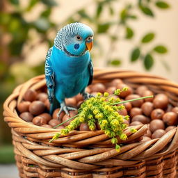 A vibrant blue male budgie perched on the rim of a rustic basket filled with hazelnuts