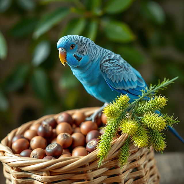 A vibrant blue male budgie perched on the rim of a rustic basket filled with hazelnuts