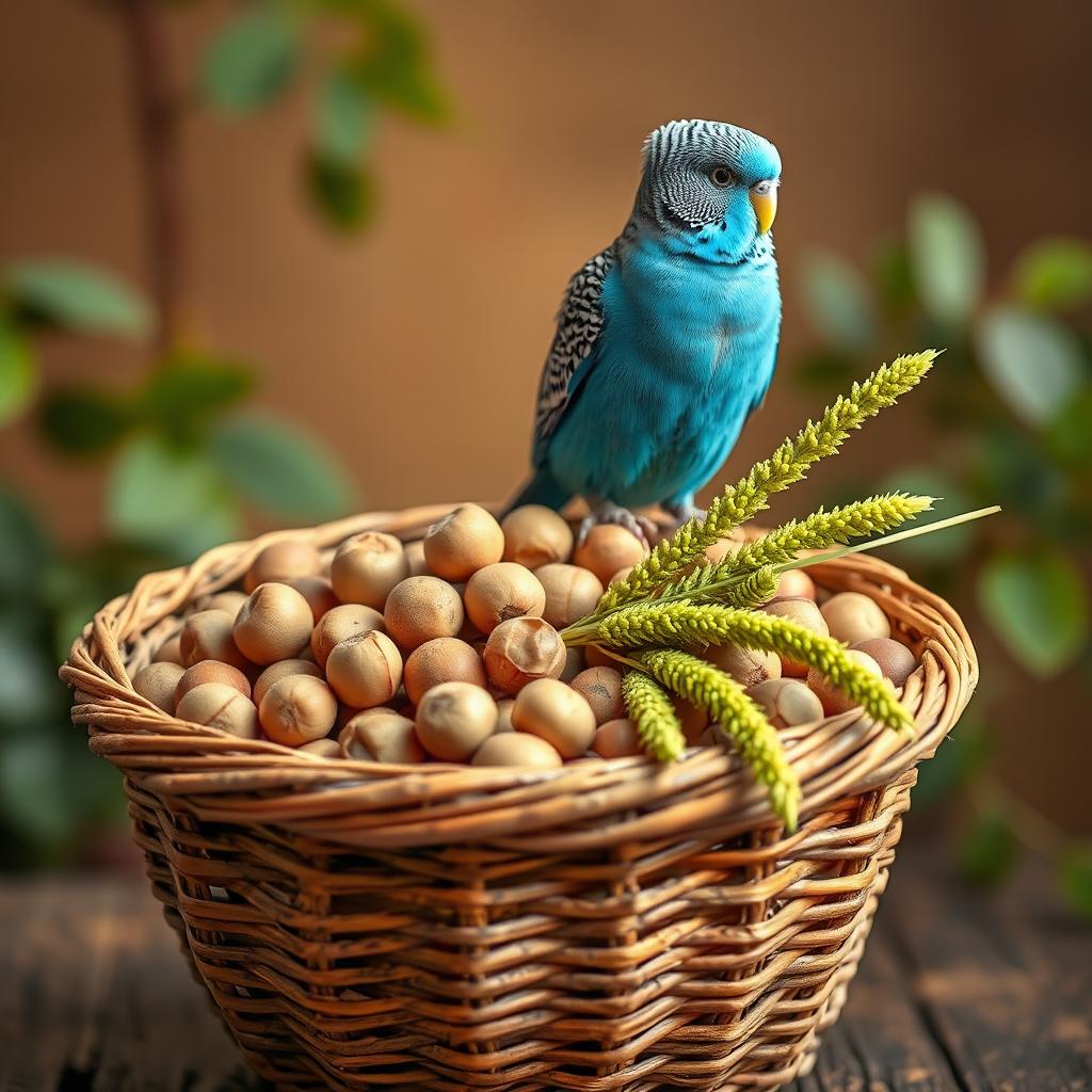 A vibrant blue male budgie perched on the rim of a rustic basket filled with hazelnuts