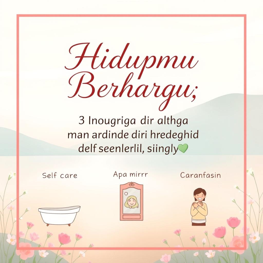 A heartwarming and inspiring poster featuring the phrase "Hidupmu Berharga: 3 Langkah untuk Mencintai Diri Sendiri Lagi 💖" (Your Life is Precious: 3 Steps to Love Yourself Again) in an elegant, flowing font