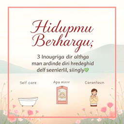 A heartwarming and inspiring poster featuring the phrase "Hidupmu Berharga: 3 Langkah untuk Mencintai Diri Sendiri Lagi 💖" (Your Life is Precious: 3 Steps to Love Yourself Again) in an elegant, flowing font