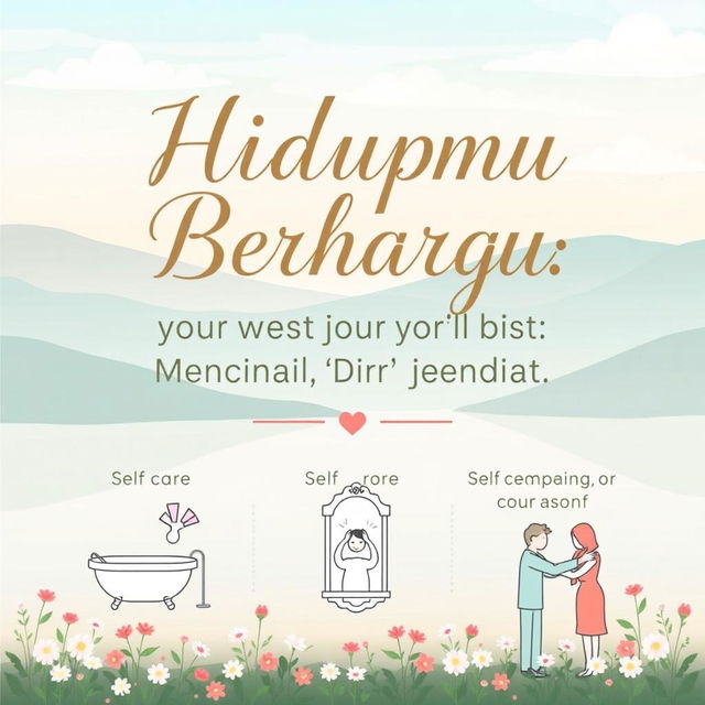 A heartwarming and inspiring poster featuring the phrase "Hidupmu Berharga: 3 Langkah untuk Mencintai Diri Sendiri Lagi 💖" (Your Life is Precious: 3 Steps to Love Yourself Again) in an elegant, flowing font