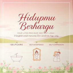 A heartwarming and inspiring poster featuring the phrase "Hidupmu Berharga: 3 Langkah untuk Mencintai Diri Sendiri Lagi 💖" (Your Life is Precious: 3 Steps to Love Yourself Again) in an elegant, flowing font