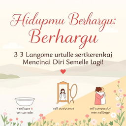 A heartwarming and inspiring poster featuring the phrase "Hidupmu Berharga: 3 Langkah untuk Mencintai Diri Sendiri Lagi 💖" (Your Life is Precious: 3 Steps to Love Yourself Again) in an elegant, flowing font