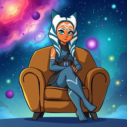 An illustration of Ahsoka Tano from Star Wars sitting on a stylish chair, created in a vibrant cartoon style