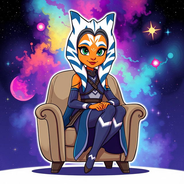 An illustration of Ahsoka Tano from Star Wars sitting on a stylish chair, created in a vibrant cartoon style