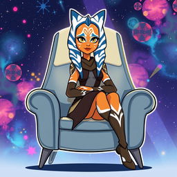 An illustration of Ahsoka Tano from Star Wars sitting on a stylish chair, created in a vibrant cartoon style