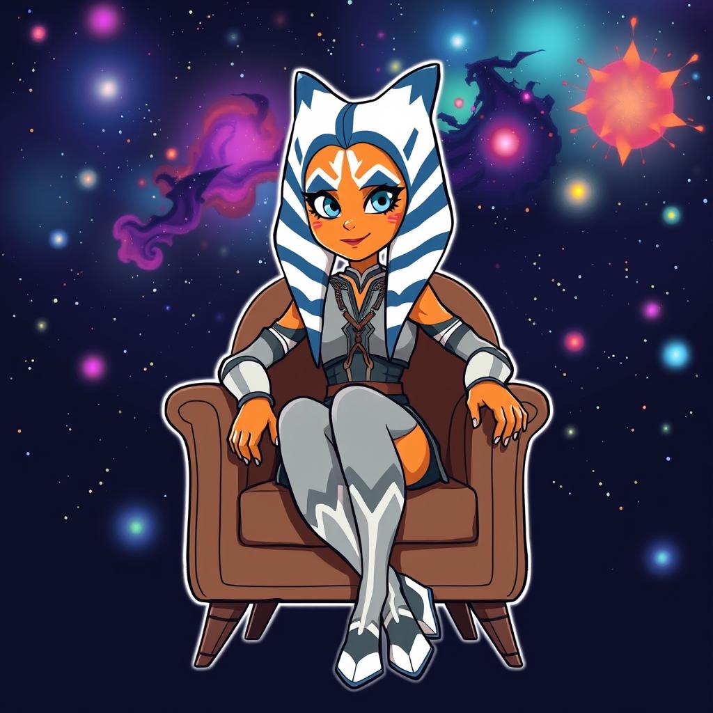 An illustration of Ahsoka Tano from Star Wars sitting on a stylish chair, created in a vibrant cartoon style