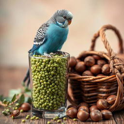 A cute and romantic scene featuring a charming blue male budgie sitting atop a glass filled with lush green tea's millet, its bright feathers contrasting beautifully with the earthy tones of the scene