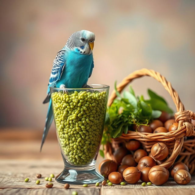 A cute and romantic scene featuring a charming blue male budgie sitting atop a glass filled with lush green tea's millet, its bright feathers contrasting beautifully with the earthy tones of the scene