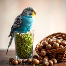 A cute and romantic scene featuring a charming blue male budgie sitting atop a glass filled with lush green tea's millet, its bright feathers contrasting beautifully with the earthy tones of the scene