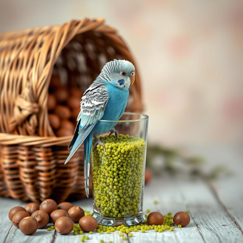 A cute and romantic scene featuring a charming blue male budgie sitting atop a glass filled with lush green tea's millet, its bright feathers contrasting beautifully with the earthy tones of the scene