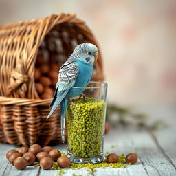 A cute and romantic scene featuring a charming blue male budgie sitting atop a glass filled with lush green tea's millet, its bright feathers contrasting beautifully with the earthy tones of the scene