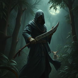 A mysterious figure resembling a daku (a type of traditional Indian outlaw), dressed in dark, flowing garments that hint at stealth and agility