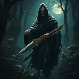 A mysterious figure resembling a daku (a type of traditional Indian outlaw), dressed in dark, flowing garments that hint at stealth and agility