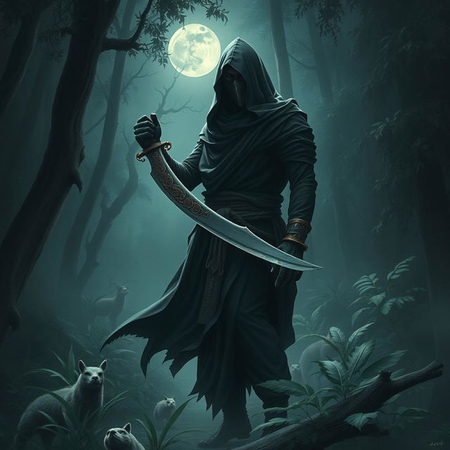 A mysterious figure resembling a daku (a type of traditional Indian outlaw), dressed in dark, flowing garments that hint at stealth and agility