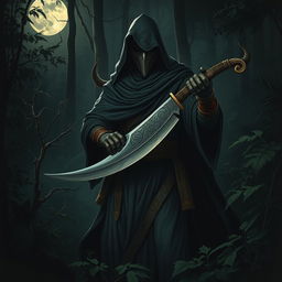 A mysterious figure resembling a daku (a type of traditional Indian outlaw), dressed in dark, flowing garments that hint at stealth and agility