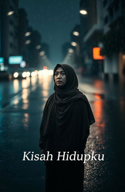 A poignant scene featuring a woman standing alone in the middle of a rain-soaked street, wearing a beautiful hijab