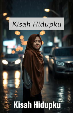 A poignant scene featuring a woman standing alone in the middle of a rain-soaked street, wearing a beautiful hijab