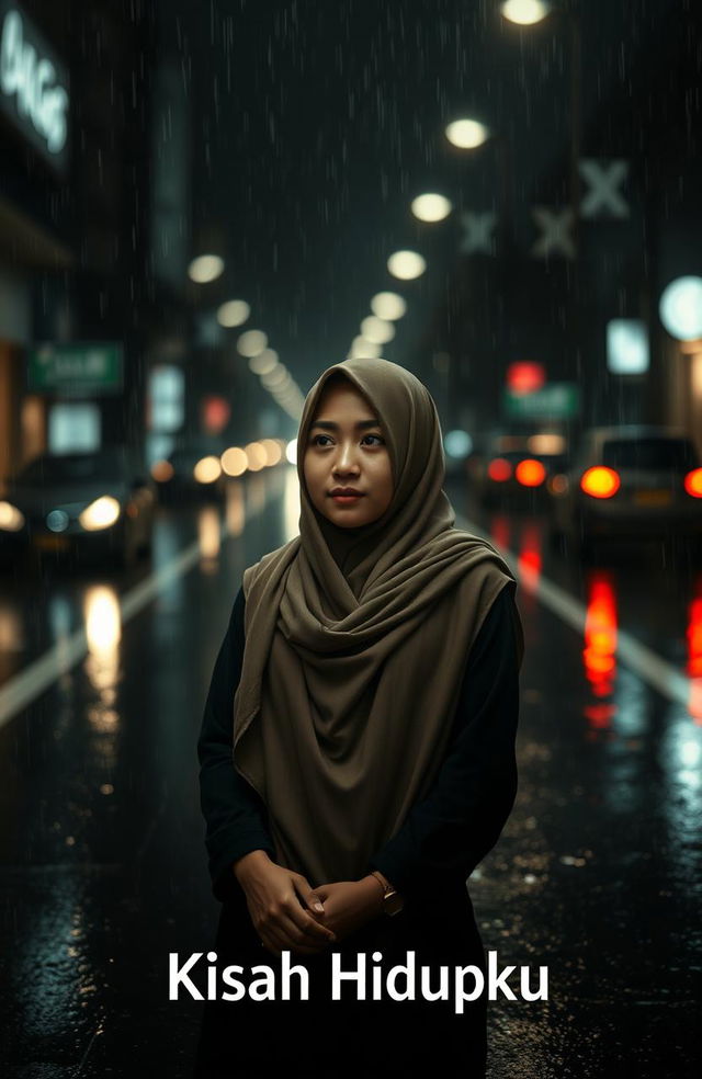 A poignant scene featuring a woman standing alone in the middle of a rain-soaked street, wearing a beautiful hijab