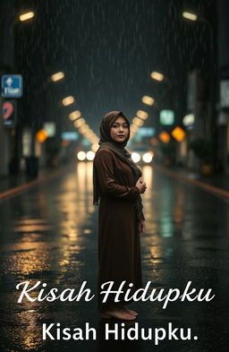 A poignant scene featuring a woman standing alone in the middle of a rain-soaked street, wearing a beautiful hijab