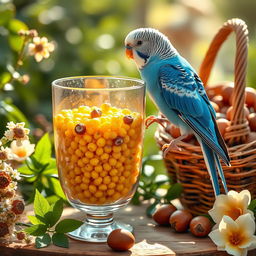 A cute and romantic scene featuring a charming blue male budgie perched gracefully on the edge of a glass filled with radiant yellow tea's millet