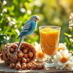 A cute and romantic scene featuring a charming blue male budgie perched gracefully on the edge of a glass filled with radiant yellow tea's millet