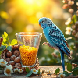 A cute and romantic scene featuring a charming blue male budgie perched gracefully on the edge of a glass filled with radiant yellow tea's millet