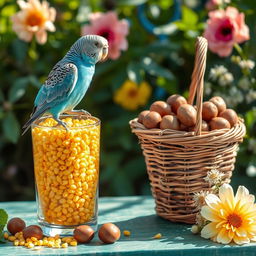 A cute and romantic scene featuring a charming blue male budgie perched gracefully on the edge of a glass filled with radiant yellow tea's millet