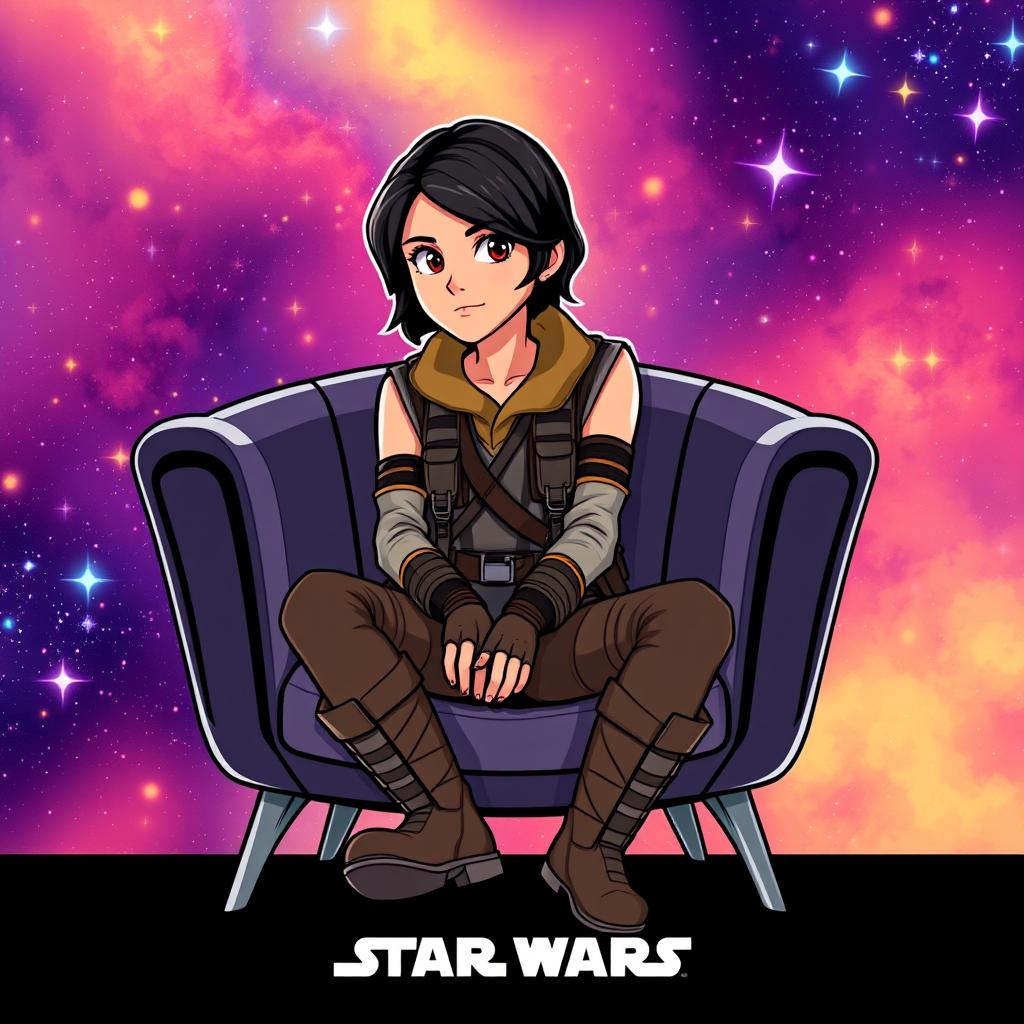 An illustration of Jyn Erso from Star Wars, sitting on a stylish chair in a vibrant cartoon style