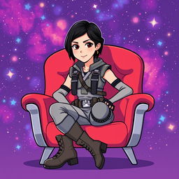An illustration of Jyn Erso from Star Wars, sitting on a stylish chair in a vibrant cartoon style